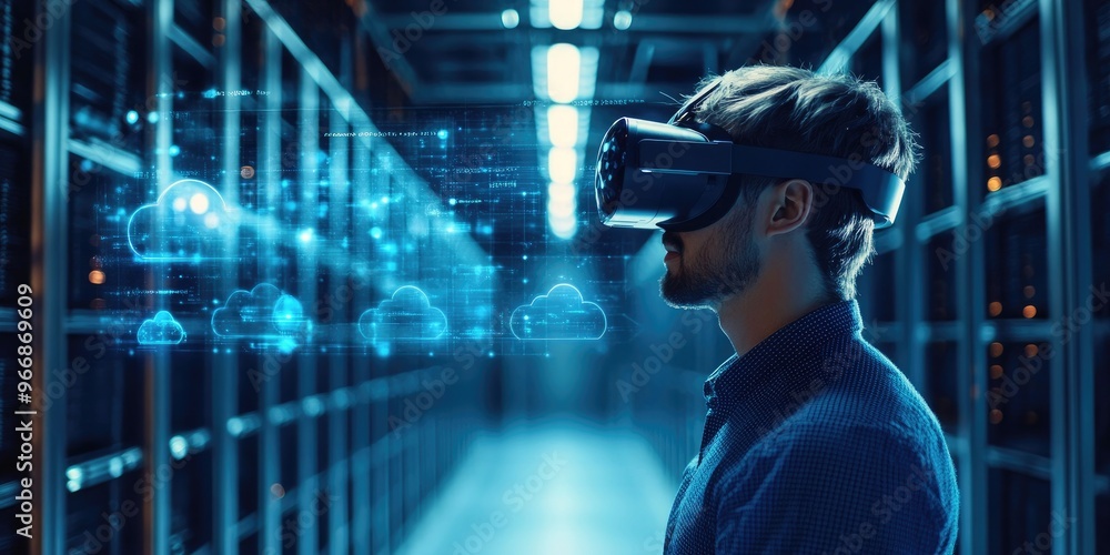 Leinwandbilder man wearing vr glasses and accessing the cloud computing technology internet storage network concept