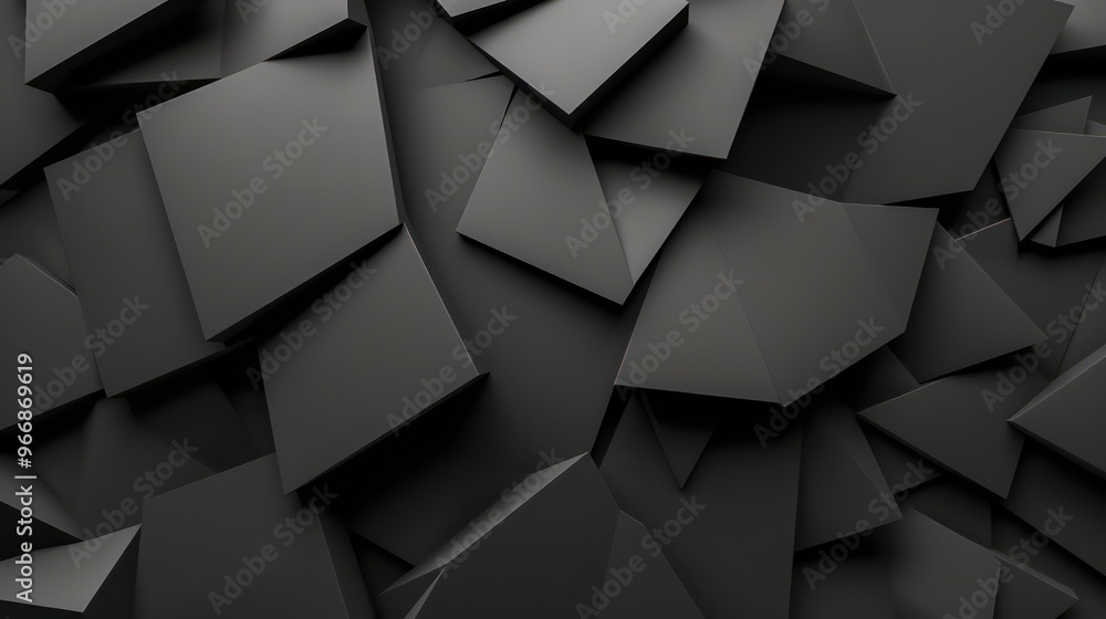Poster abstract background of a chaotic, fragmented, geometric shape made of black squares and triangles in