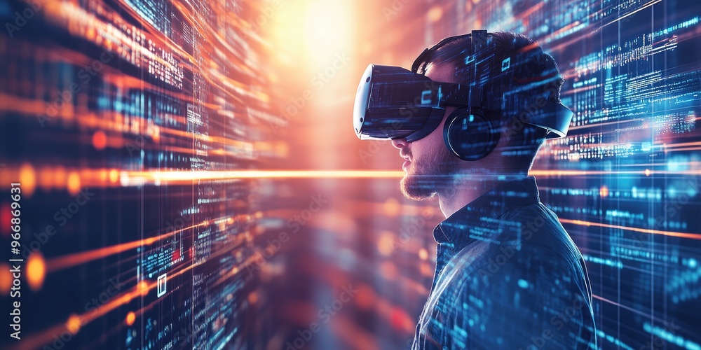 Poster man wearing VR glasses and accessing the Technology Internet, multimedia, Storage Network connection Concept And a large database big data Through internet technology. E-