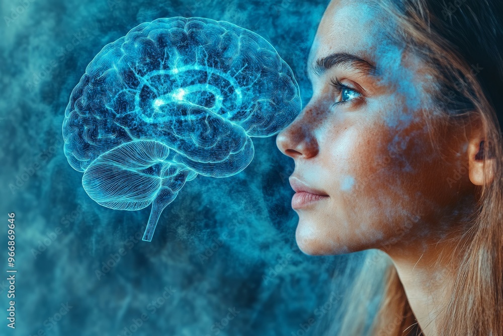 Poster cybernetics smart cognition and brain circuitry digital head with glowing neural pathways symbolizin