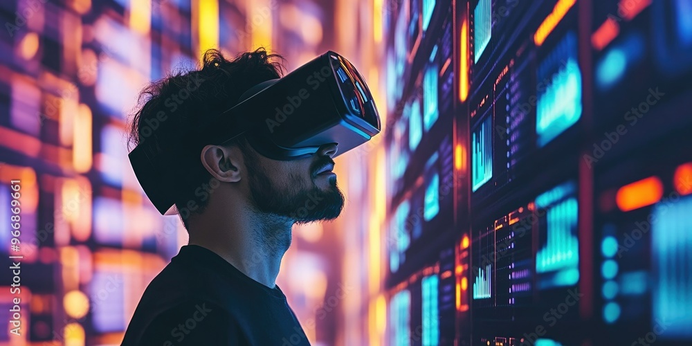 Aufkleber man wearing VR glasses and accessing the Technology Internet, multimedia, Storage Network connection Concept And a large database big data Through internet technology. E-
