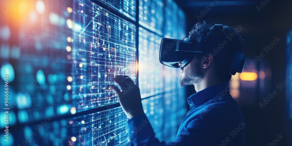 Poster man wearing VR glasses and accessing the Technology Internet, multimedia, Storage Network connection Concept And a large database big data Through internet technology. E-