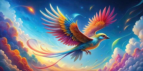 Vibrant, whimsical illustration of a stylized flying bird in mid-air, surrounded by swirling feathers and clouds, against a bright blue sky with subtle gradient effect.
