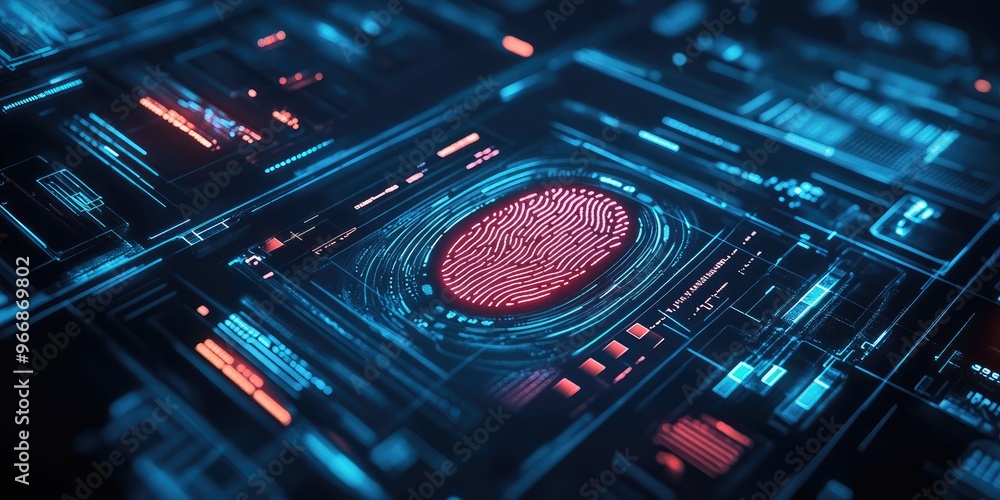Poster futuristic digital processing of biometric identification fingerprint scanner. concept of surveillance and security scanning of digital programs cyber futuristic applicat