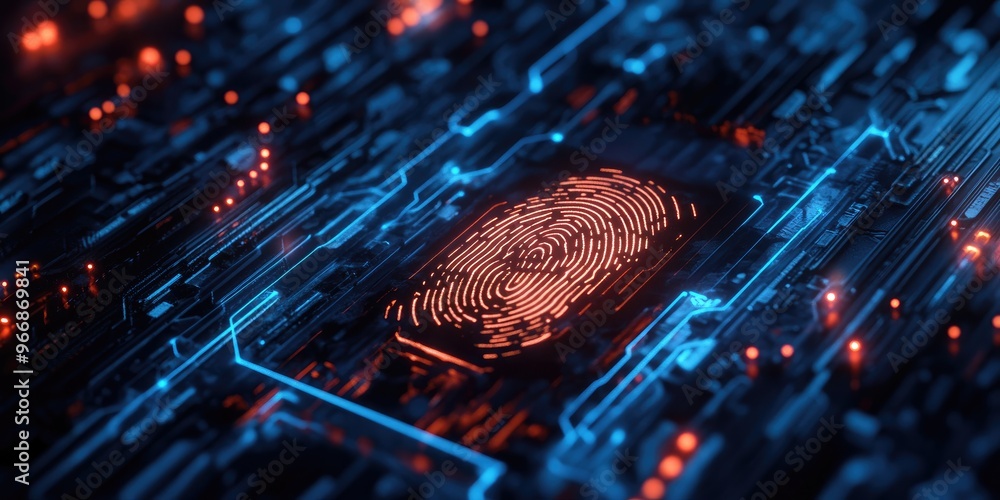 Poster futuristic digital processing of biometric identification fingerprint scanner. concept of surveillan