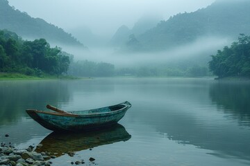 Fototapeta premium A wooden boat rests on the still waters of a lake, shrouded in mist. The misty mountains in the background create a serene and mysterious atmosphere.
