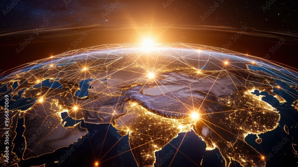 Poster global communications depicted by shiny dots on dark blue background - stock photo globe made with a