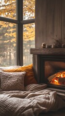 Fototapeta premium Cozy autumn window seat with fireplace and blankets