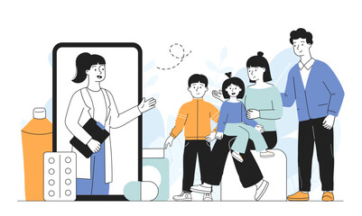 Family doctor online. Man and woman with children at appointment with doctor on internet. Health care and medicine. Pediatrician appointment. Linear vector illustration