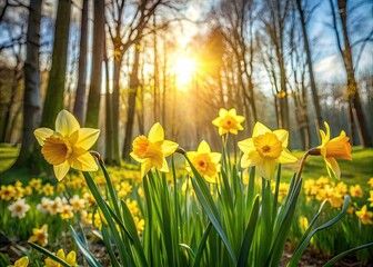 Obraz premium Vibrant yellow daffodils sway in the gentle breeze, surrounded by lush greenery, in a serene woodland clearing bathed in warm, soft springtime light.
