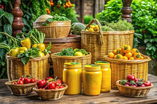 Vibrant yellow Calaro canisters filled with fresh vegetables and fruits adorn a rustic wooden table, surrounded by woven baskets and lush greenery outdoors.
