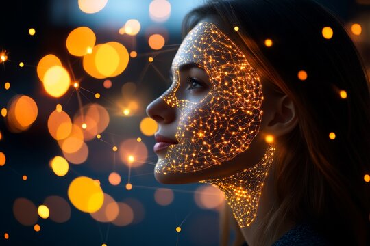 Neural coding latent space and cognitive interfaces profile of a woman with neural lights and bokeh representing the beauty of brain complexity and cognitive imagination