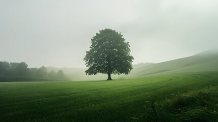Fototapeta premium alone tree on green grass field with green hill background and soft mist