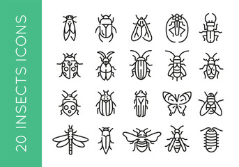 Insect icons. Set of 20 insect trendy minimal icons. Cicada, Beetle, Ladybug, Dragonfly, Butterfly icon. Design signs for web page, mobile app, packaging design. Vector illustration