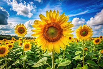 Vibrant yellow sunflowers stand tall in a lush green field, symbolizing warmth, optimism, and hope, surrounded by a serene blue sky on a summer day.