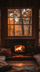 Cozy Cabin Interior with Fireplace and Autumn View