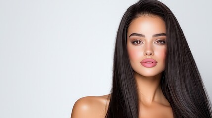 Beautiful Woman with Long Straight Black Hair and Makeup