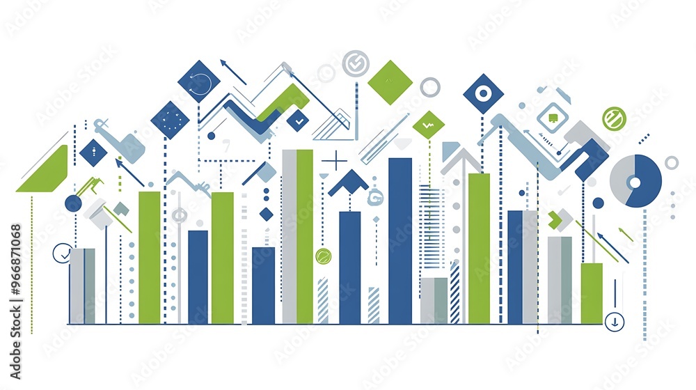 Poster Abstract illustration of data visualization with bar graphs, arrows and shapes