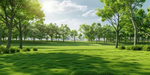 Fototapeta premium Sunny green park with open meadow and trees