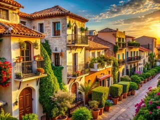 Fototapeta premium Warm sunlight illuminates a row of Mediterranean-style stucco houses with terra cotta roofs, ornate balconies, and lush greenery in a quaint southern European town.
