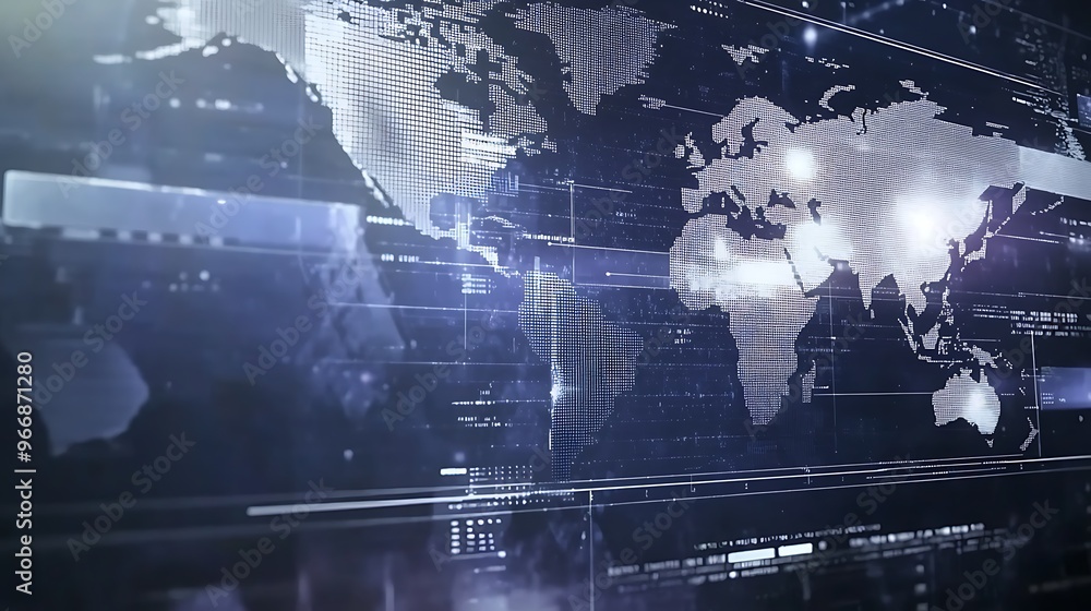 Aufkleber A World Map Displayed on a Digital Screen with Lines and Data Overlays