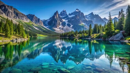 Fototapeta premium Serene mountain landscape with clear blue lake and majestic peaks