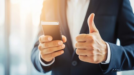 Businessman Giving Thumbs Up While Holding Smartphone
