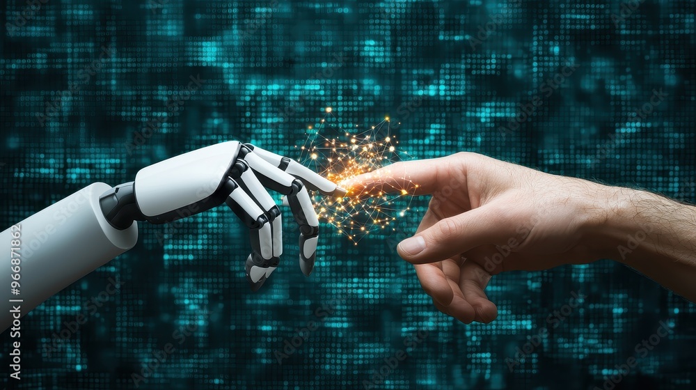 Aufkleber human and robot hand touching with digital network artificial intelligence technology future concept