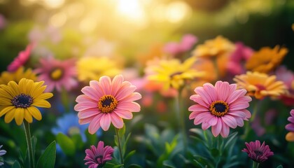 Fototapeta premium Closeup of Pink and Yellow Daisies in a Sunlit Garden