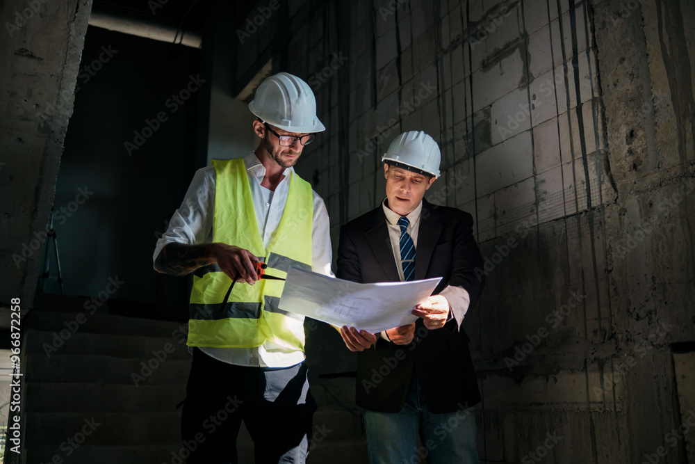 Poster contractor and engineer architect working together planning using blueprint design structure constru