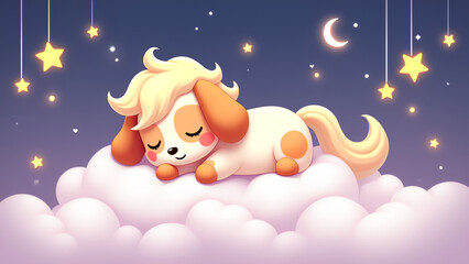 illustration of a fluffy sleeping pony on top of soft clouds in a dreamy night sky Pony is miniature dachshunds peaceful expression with closed eyes and a subtle smile