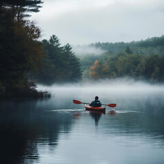 Fototapeta premium Solo kayaker paddling through a foggy morning on a lake