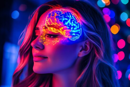 Neurotransmitter release cortical enhancement and neuronal computation woman with glowing brain under vibrant lights representing cognitive creativity and neural stimulation