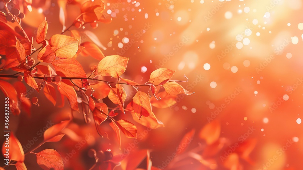 Poster a branch of vibrant red autumn leaves against a blurred background of light and bokeh.