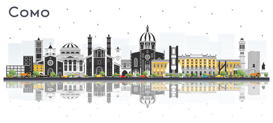 Obraz premium Como Italy City Skyline with Color Buildings and reflections Isolated on White. Business Travel and Concept with Historic Architecture. Como Cityscape with Landmarks.
