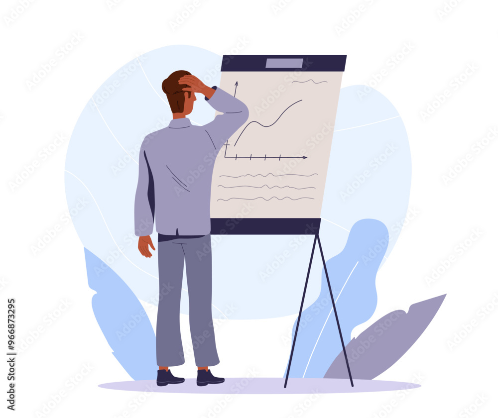 Poster man with graph analysis. guy in suit looks at diagrams. analyst and trader conducts marketing resear