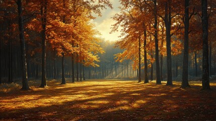 Obraz premium Sunbeams Through Autumn Trees in a Forest Clearing