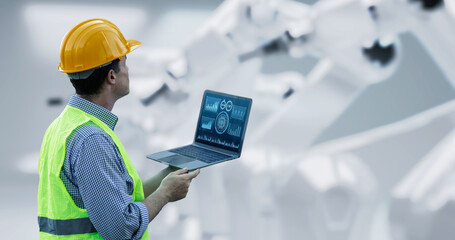 Engineer monitoring robotic ai arms in manufacturing factory plant, manager managing controlling using computer laptop analysis planning innovation technology, male engineer, banner background.