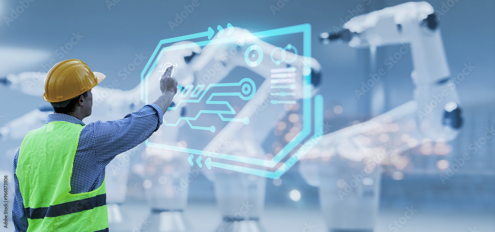 Poster engineer monitoring robotic ai arms in manufacturing factory plant, manager managing controlling usi