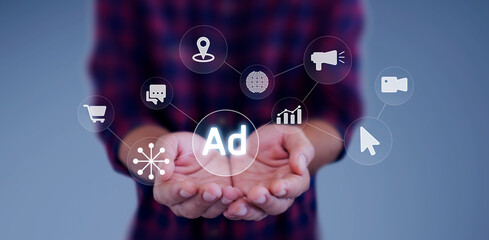 Online marketing and advertising internet concept. Businessman brainstorming, planning, strategy for future business promotion on websites and social media for traffic and awareness.