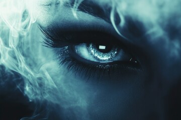 Music single cover, women's tear, mysterious eyes appear from darkness, fog, smoky, dramatic lighting, 1982 film style noisy effect, holographic accent with generative ai