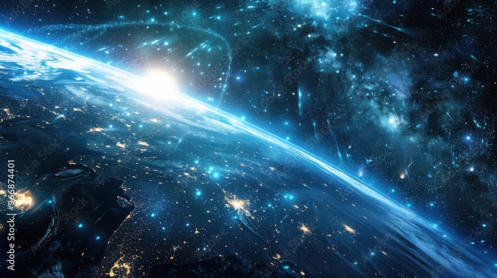Poster global data and network - stock photo planet earth in outer space with global communication network 