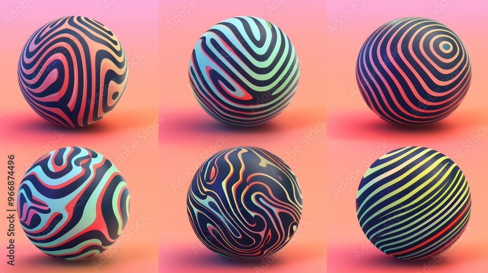 Poster six 3d spheres with colorful abstract swirl patterns, isolated on a pink background.