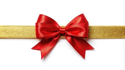 Fototapeta premium Shiny gold ribbon with red bow on white background