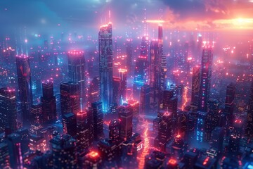 Obraz premium Futuristic city skyline with neon lights.