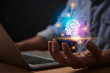 Blue Magenta Ai Artificial Intelligence Technology Head Concept. Gear and Circuit Line Ai Artificial Intelligence Icon on Businessman's Hand work With Laptop Computer