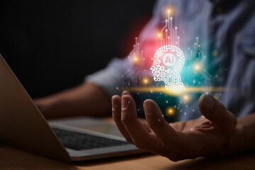 Red Turquoise Ai Artificial Intelligence Technology Head Concept. Gear and Circuit Line Ai Artificial Intelligence Icon on Businessman's Hand work With Laptop Computer