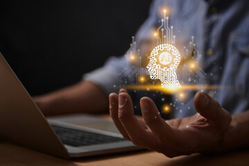 Yellow Ai Artificial Intelligence Technology Head Concept. Gear and Circuit Line Ai Artificial Intelligence Icon on Businessman's Hand work With Laptop Computer