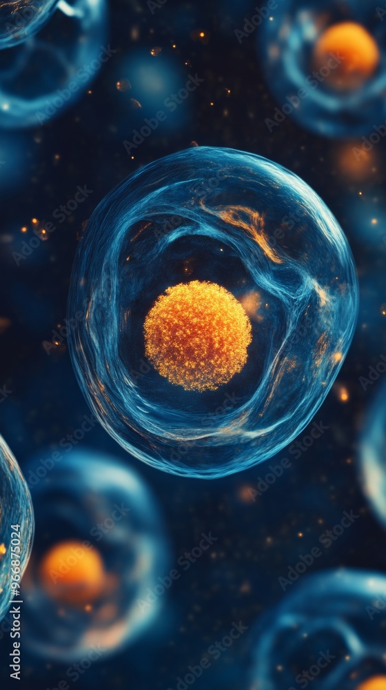 Aufkleber microscopic view of cells with glowing nucleus, scientific visualization. biology and research conce