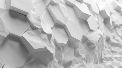 Abstract white hexagonal background with a crumpled texture.